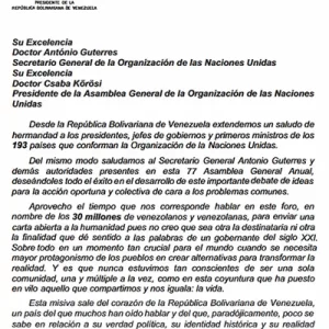 Carta del presidente Nicolás Maduro a la 77° Asamblea General de la ONU