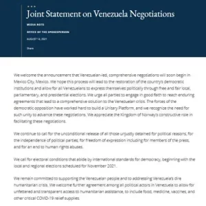 Comunicado de EE.UU sobre inicio de junta para negociaciones en Venezuela