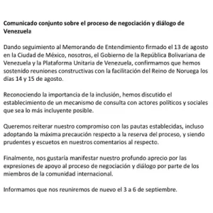 Comunicado conjunto sobre el proceso de negociación y diálogo de Venezuela