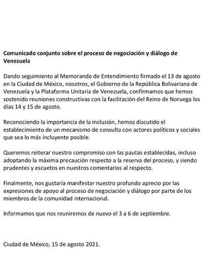 Comunicado conjunto sobre el proceso de negociación y diálogo de Venezuela