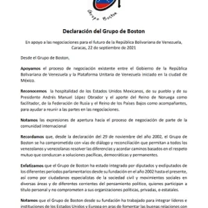 Declaración del Grupo de Boston en apoyo a las negociaciones para el futuro de Venezuela