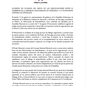 Acuerdo en ocasión del inicio de las negociaciones entre el Gobierno de Venezuela y la Plataforma Unitaria de oposición