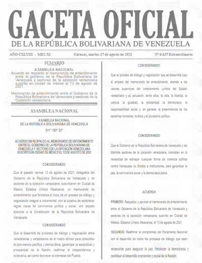 Acuerdo de memorando de entendimiento emitido por la Asamblea Nacional