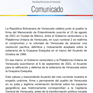 Venezuela celebra firma del acuerdo para la ratificación y defensa de su soberanía sobre la Guayana Esequiba