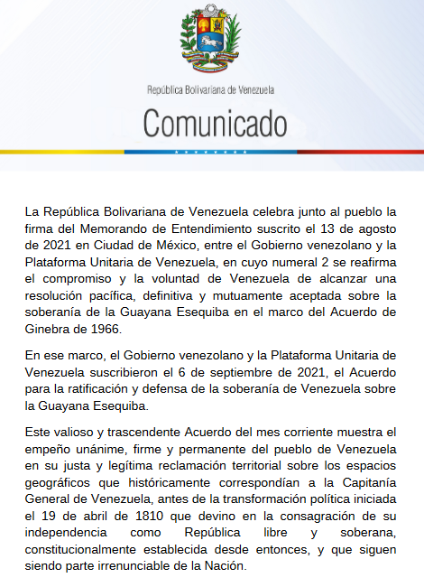 Venezuela celebra firma del acuerdo para la ratificación y defensa de su soberanía sobre la Guayana Esequiba