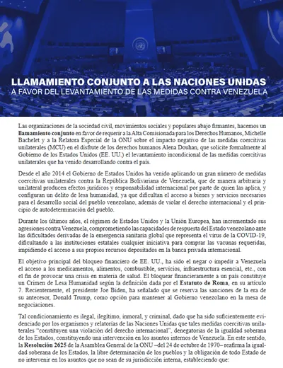 Llamamiento conjunto a las Naciones Unidas a favor del levantamiento de las medidas contra Venezuela (Español)